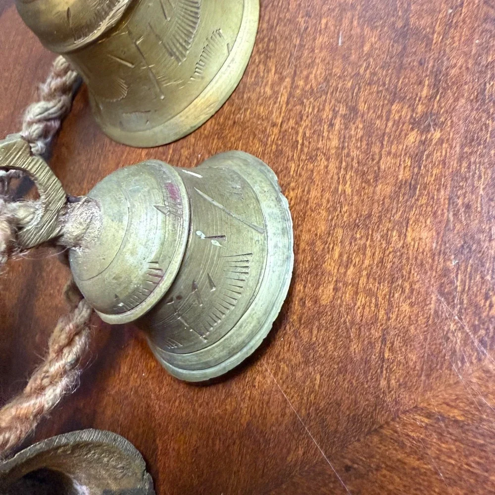 vintage indian brass hanging‎ bells lot of 4 hand engraved boho farmhouse decor